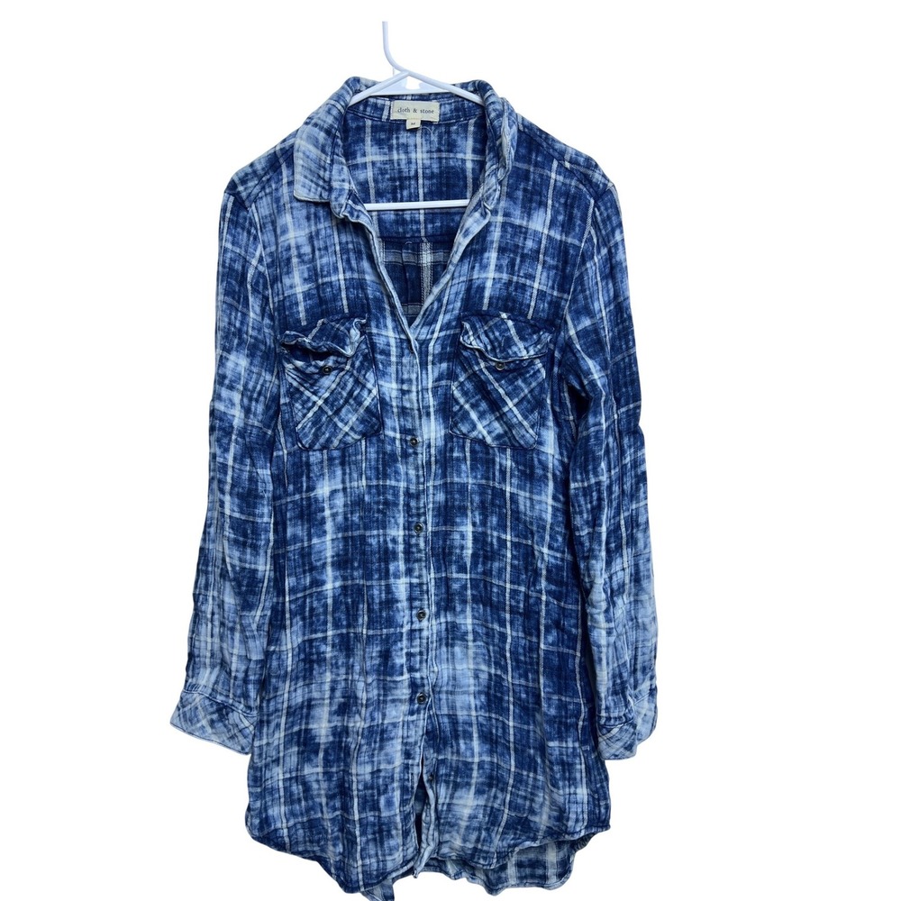 Cloth & Stone Blue Acid Wash Plaid Button Down Shirt Tunic Women M Longline Boho
